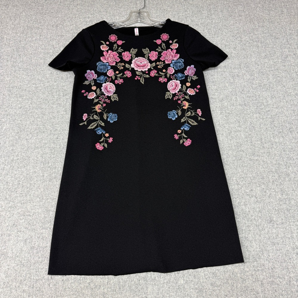 Xhilaration Floral Embroidered Shift Dress XS Black Short Sleeve Mini Boho